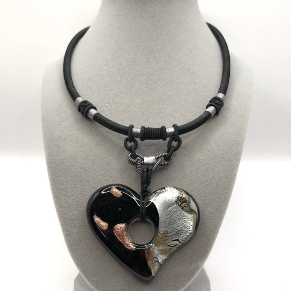 Unsigned Jewelry - Unique Black and Silver Dichroic Glass Heart Pendant Necklace